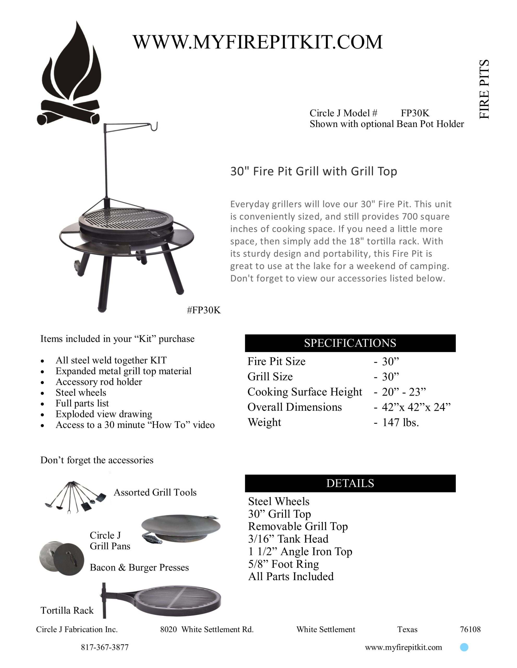 30″ Fire Pit Kit with CNC Grill Top My Fire Pit Kit